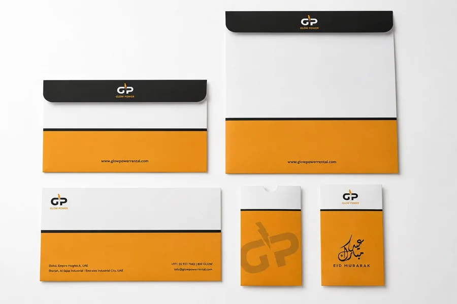 Branded corporate envelopes and stationery for Glow Power, Dubai UAE
