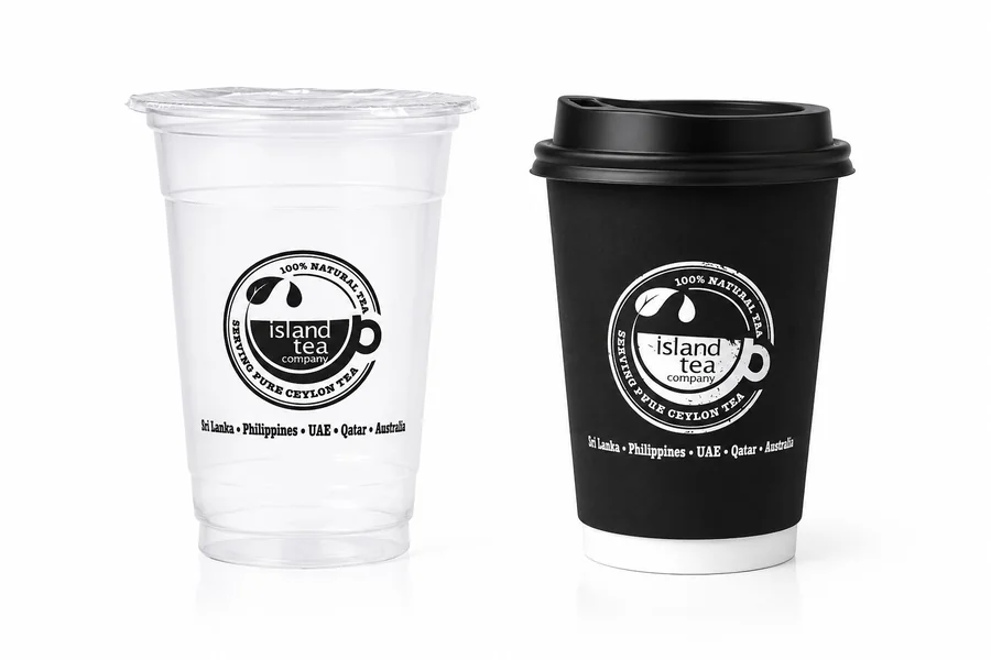 Custom branded hot and cold cups for Island Tea Company, UAE
